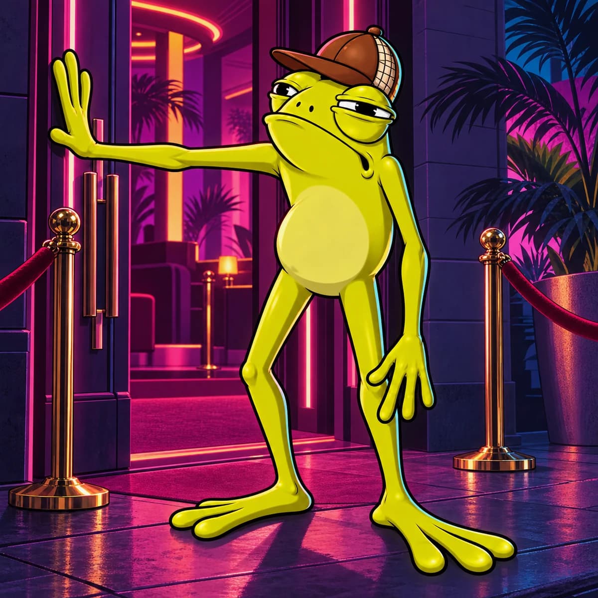The Bouncer at a neon club door, one arm across the entrance beside the velvet rope