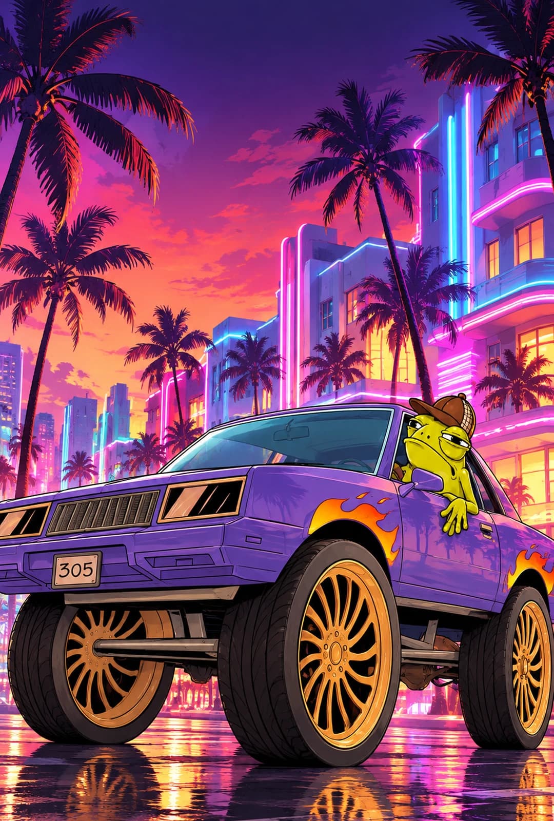 The Bouncer, a smug yellow frog in a brown deerstalker hat, standing on a sunset boulevard lined with palms